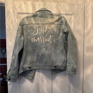 Just married denim jean jacket light washed distressed new bride s/m